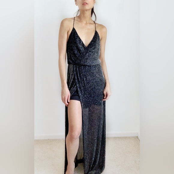 BLACK SHEER GLITTER HIGH CUT MAXI DRESS - Picture 3 of 16